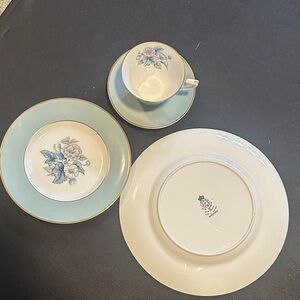 Vintage Floral Dinnerware Set with Soft Blue Accents and Gold Trim